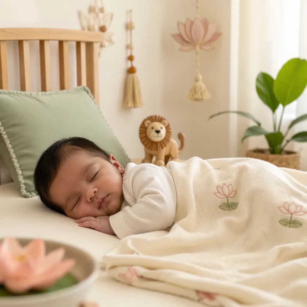 Sleeping baby in a soft pastel nursery with a wooden lion toy and lotus decor.