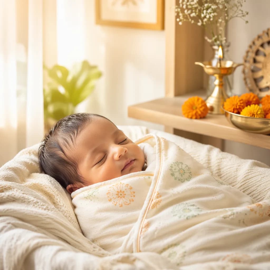 Peaceful Indian baby in a softly lit pastel nursery with gentle traditional decor.