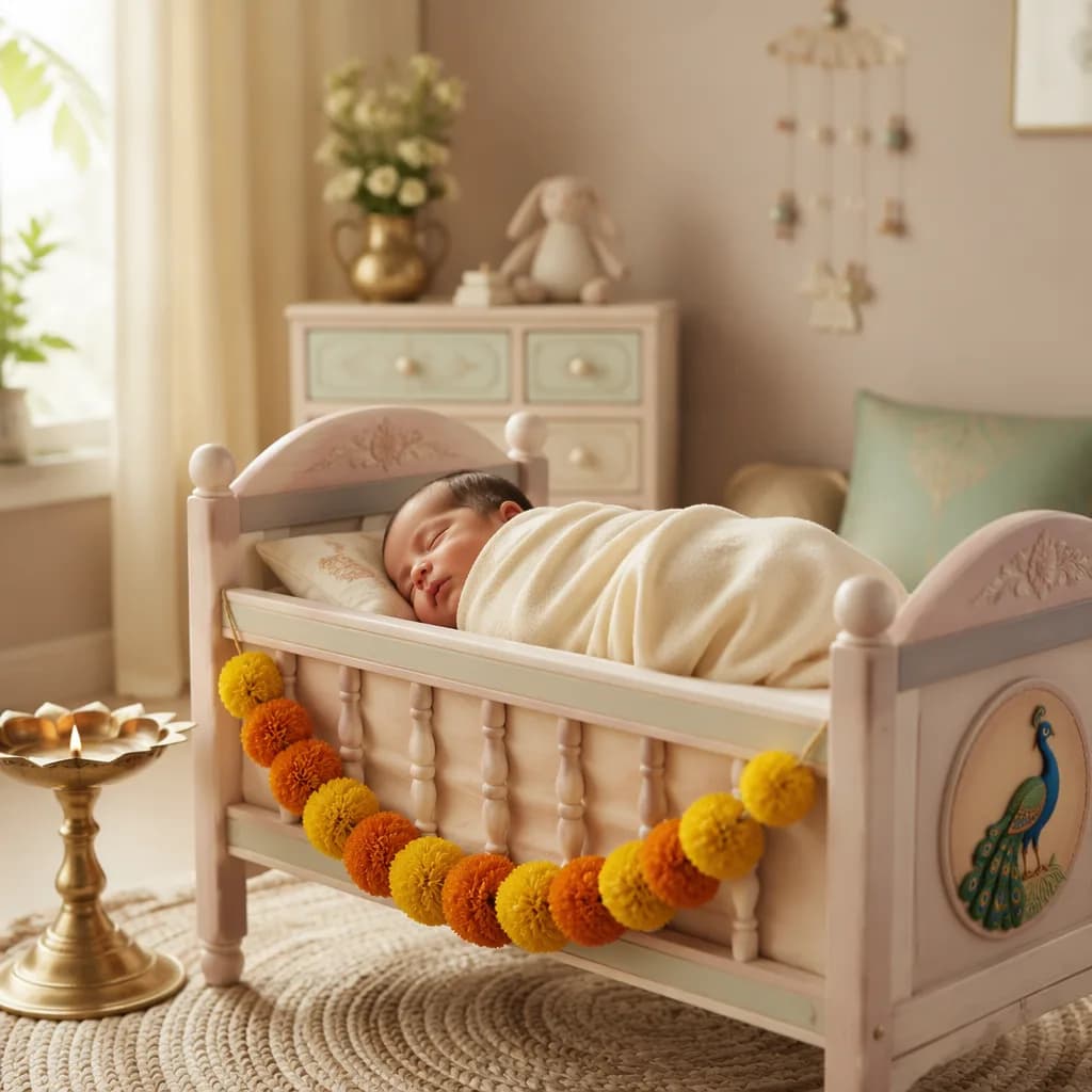 A peaceful pastel nursery with a sleeping baby and subtle Indian-inspired decor.