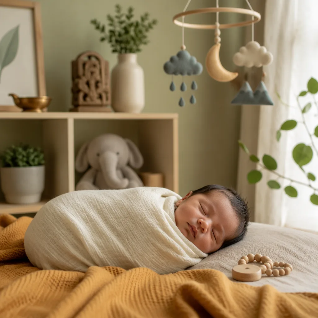 Sleeping Hindi newborn in a warm pastel nursery with subtle Indian-inspired decor.