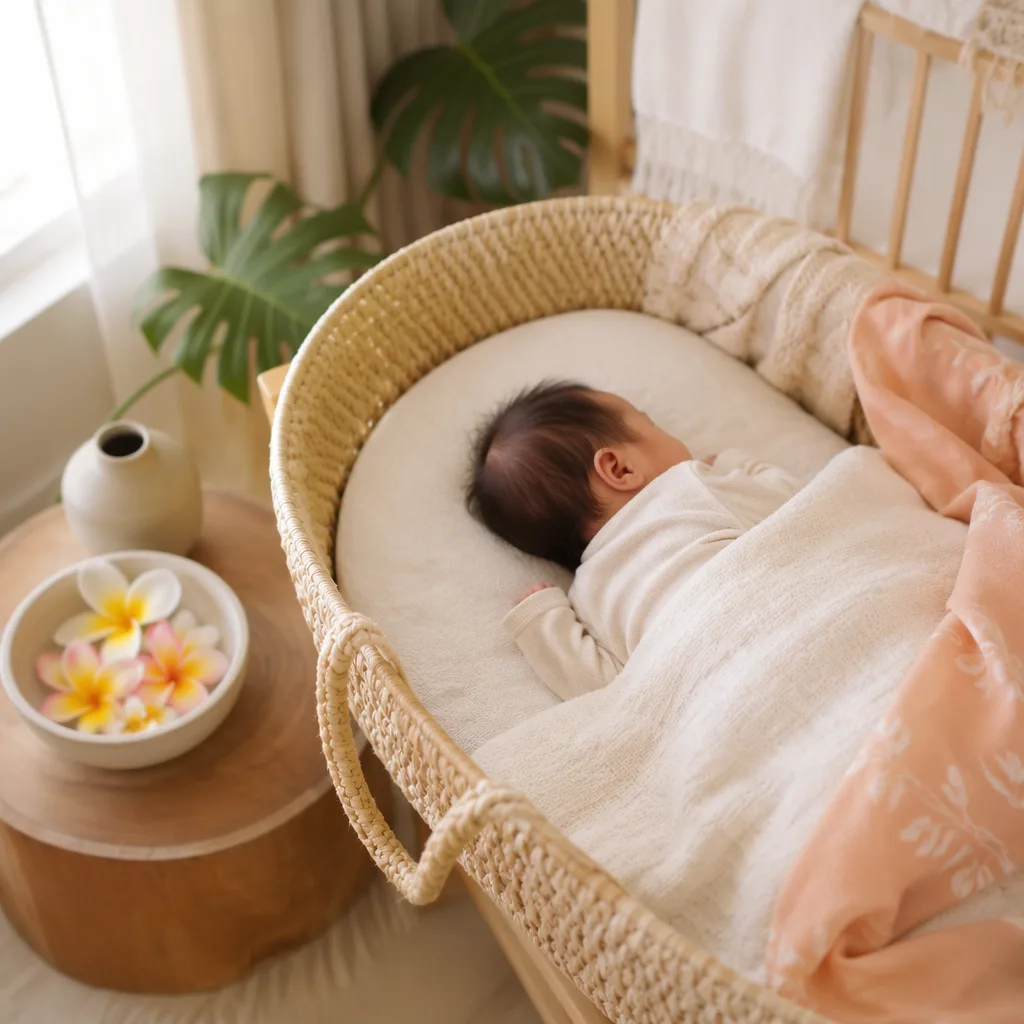 Soft Hawaiian-inspired nursery with a sleeping baby, plumeria flowers, and gentle pastel light.