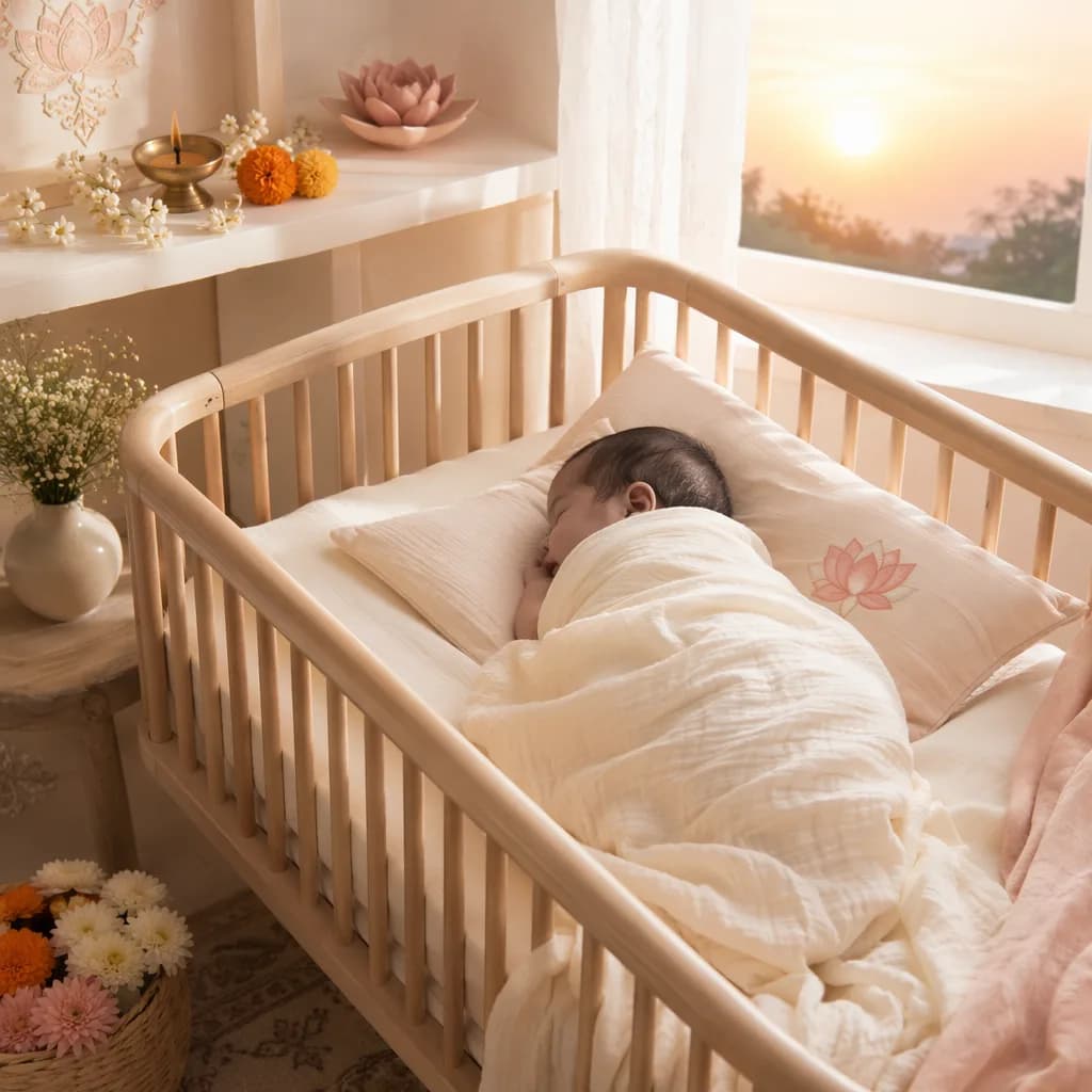 Soft pastel nursery scene with a swaddled baby and subtle Indian-inspired lotus and floral accents.