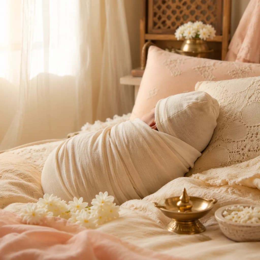 Sleeping swaddled baby in a softly lit pastel nursery with gentle Indian-inspired decor.