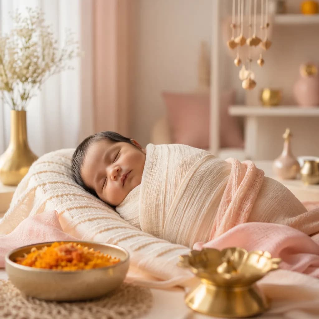 A serene pastel nursery with a swaddled sleeping baby and subtle Indian-inspired decor.