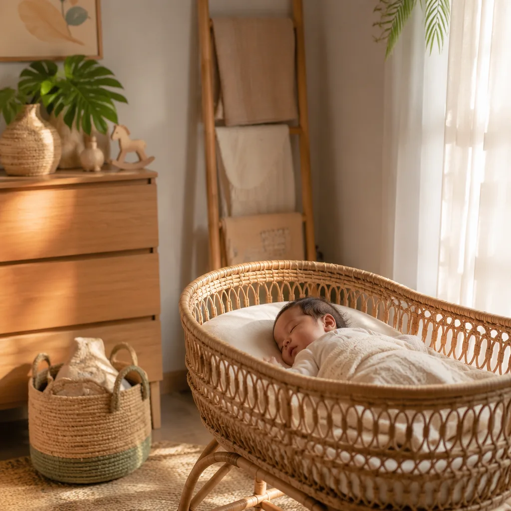 A peaceful Filipino baby sleeping in a cozy pastel nursery with soft morning light.