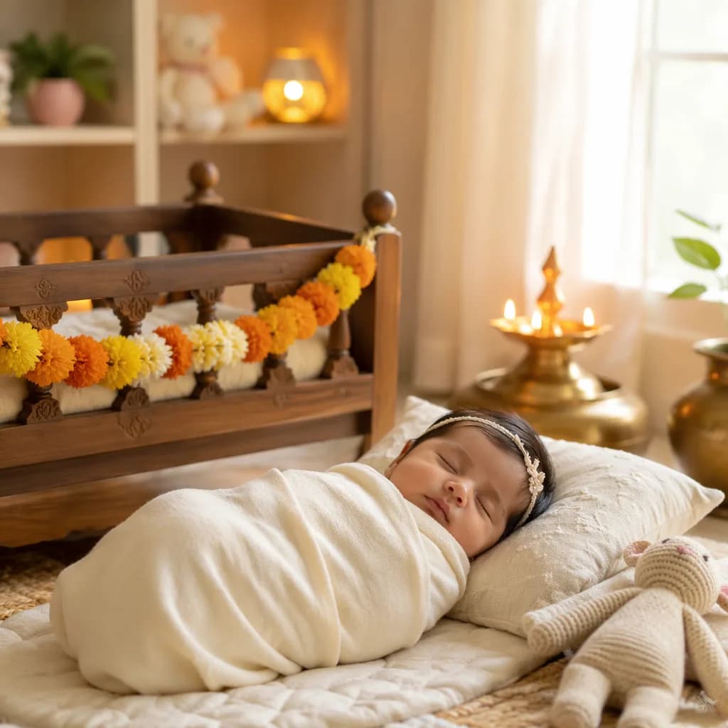Peaceful pastel nursery with a sleeping baby and gentle Indian-inspired decor.
