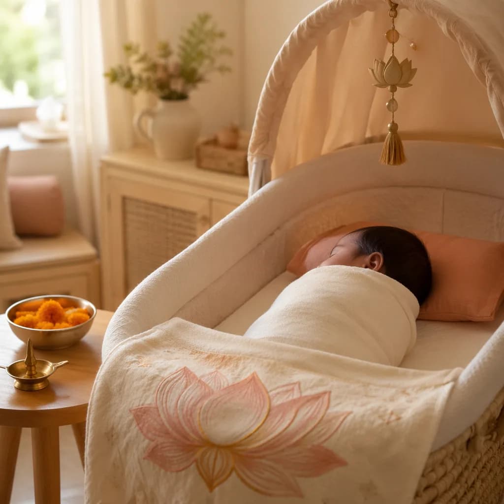 Peaceful newborn in a warm pastel nursery with subtle Indian-inspired decor.