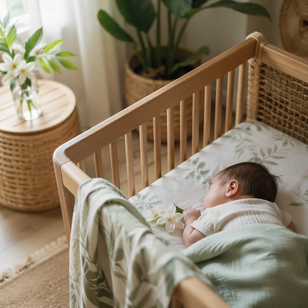 Soft nursery scene with a sleeping baby and white gardenia flowers.