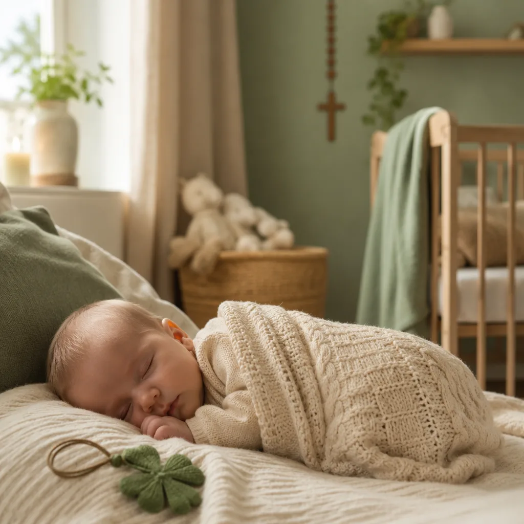 Sleeping baby in a soft pastel nursery with subtle Irish-German inspired details