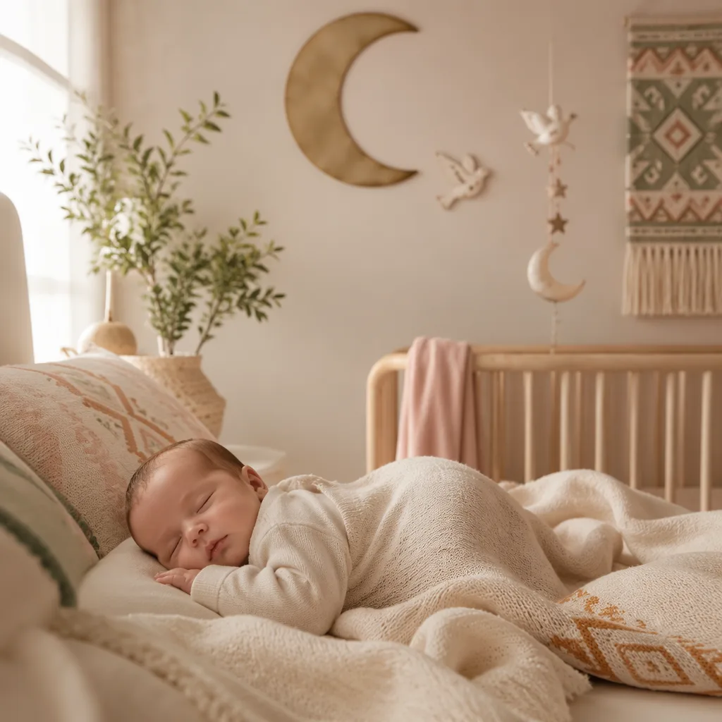 Sleeping baby in a softly lit nursery with moon and dove-inspired decor.