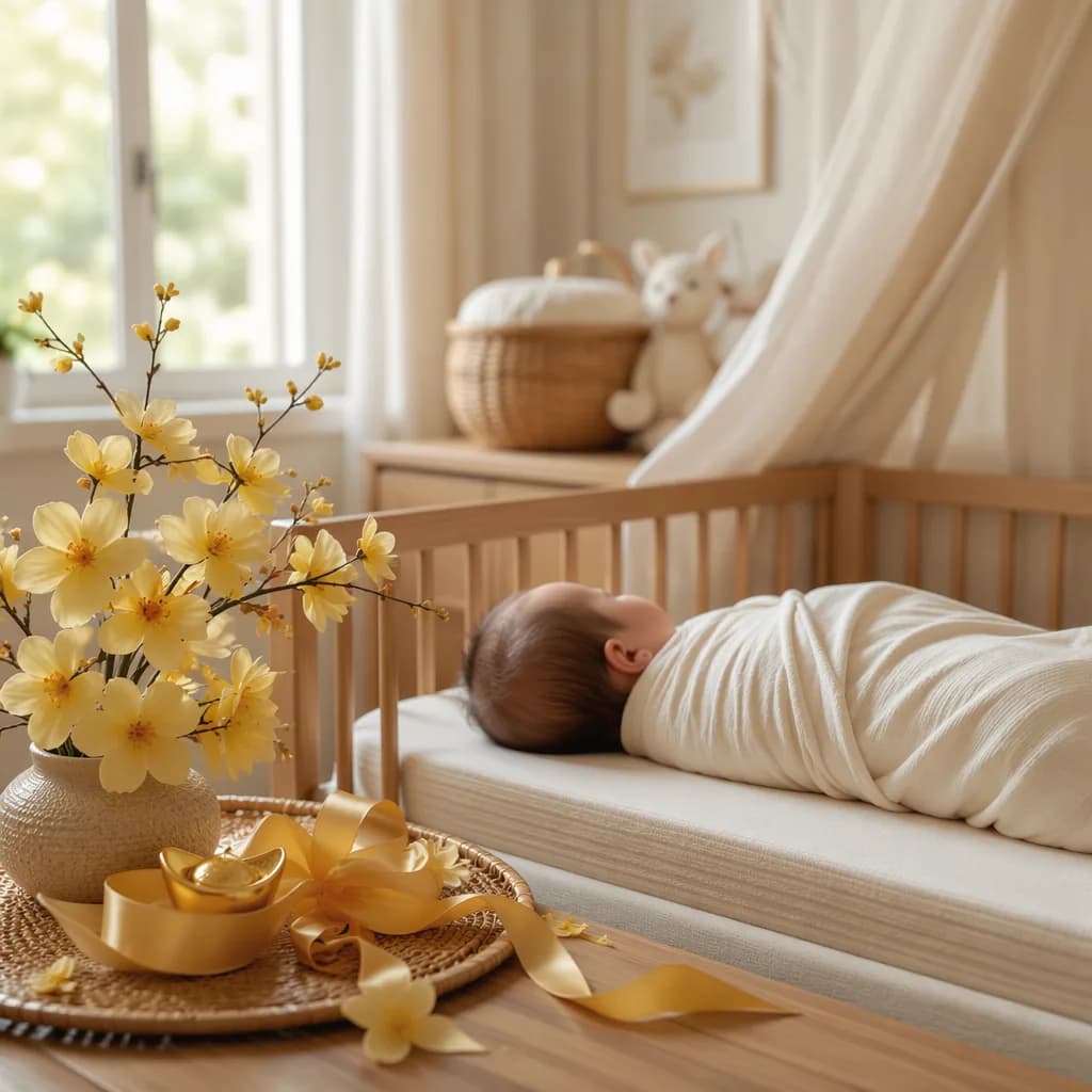 A softly lit Vietnamese nursery with a swaddled sleeping baby and golden blossoms.