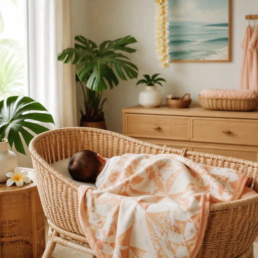 A peaceful Hawaiian-inspired nursery with a sleeping baby in a woven bassinet.