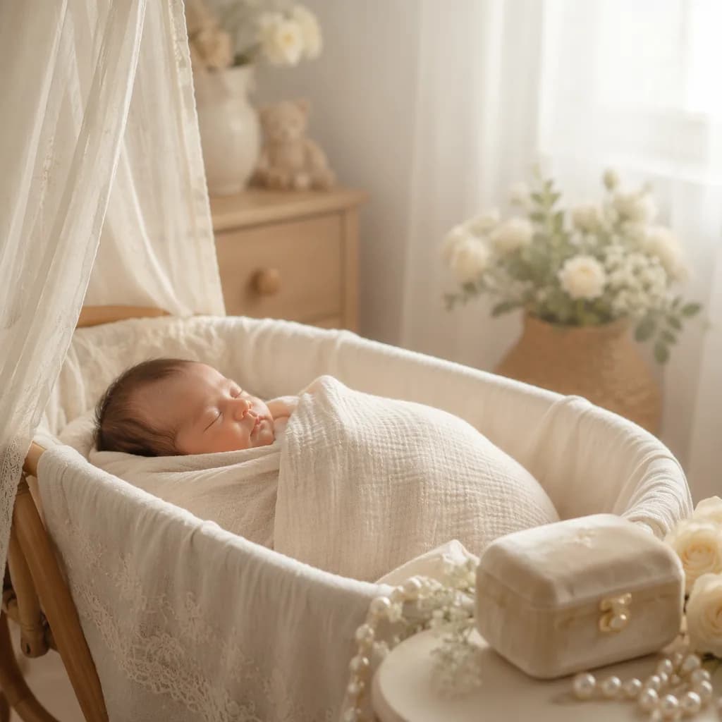 Peaceful newborn in a soft pastel nursery with delicate pearl and keepsake details.