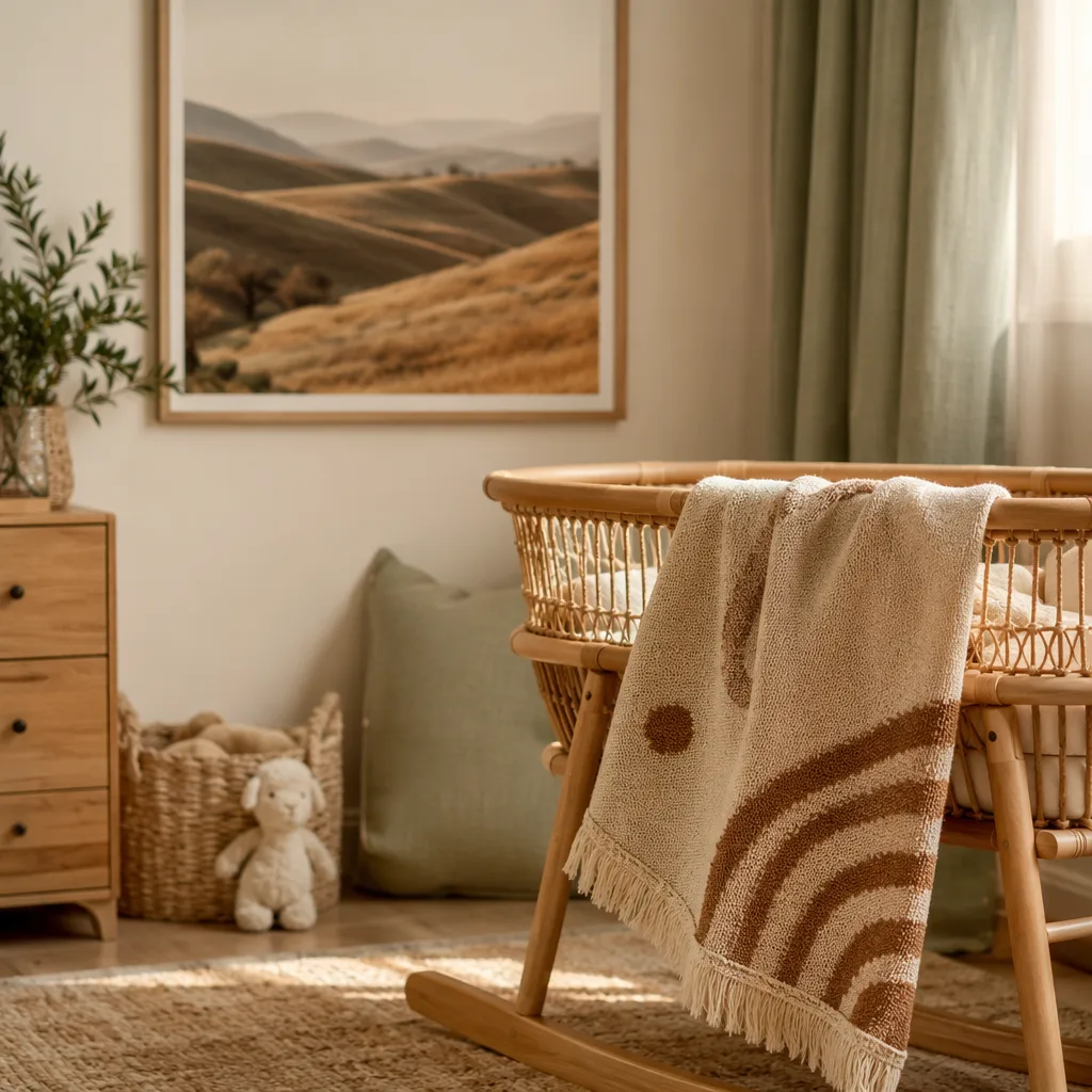 Cozy earth-toned nursery still-life inspired by rolling brown hills.