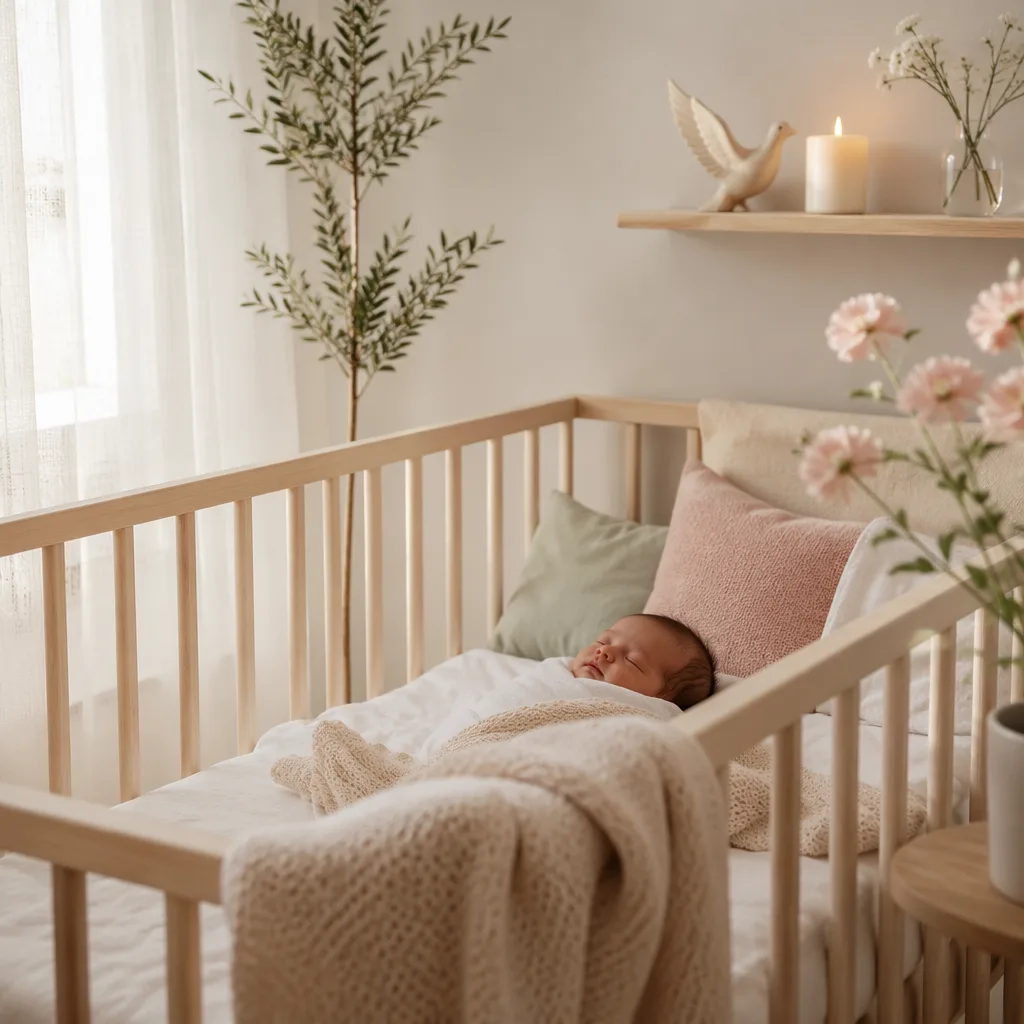 A peaceful Scandinavian nursery with a swaddled sleeping baby in soft natural light.