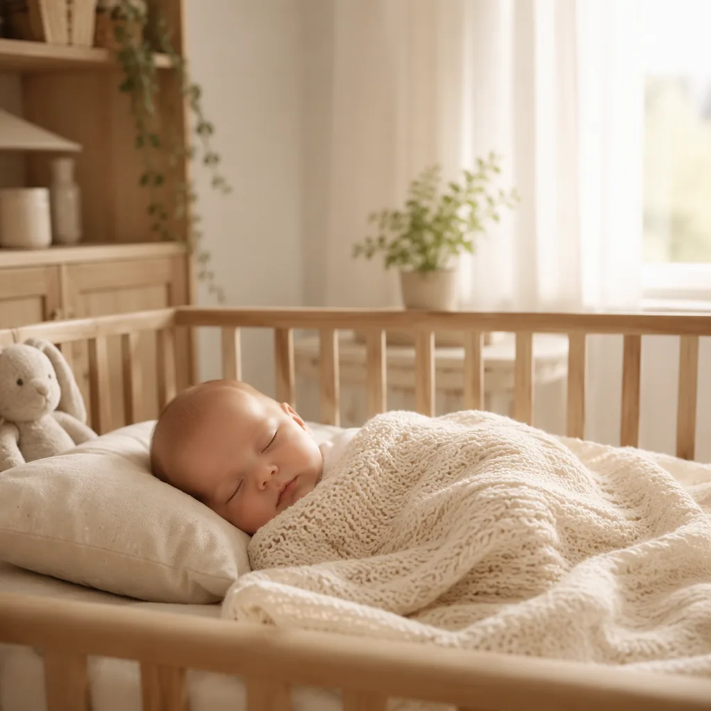 Sleeping baby in a soft Scandinavian nursery with warm natural light.