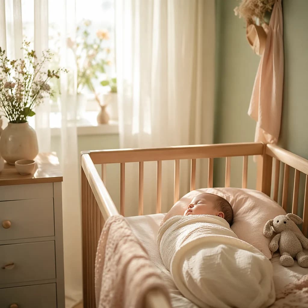 A softly lit pastel nursery with a swaddled newborn in a wooden crib.