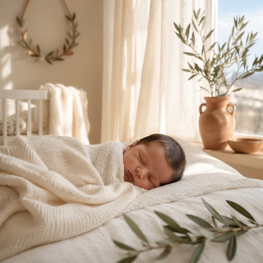 A softly lit Greek-inspired nursery with a swaddled sleeping baby and olive branch accents.