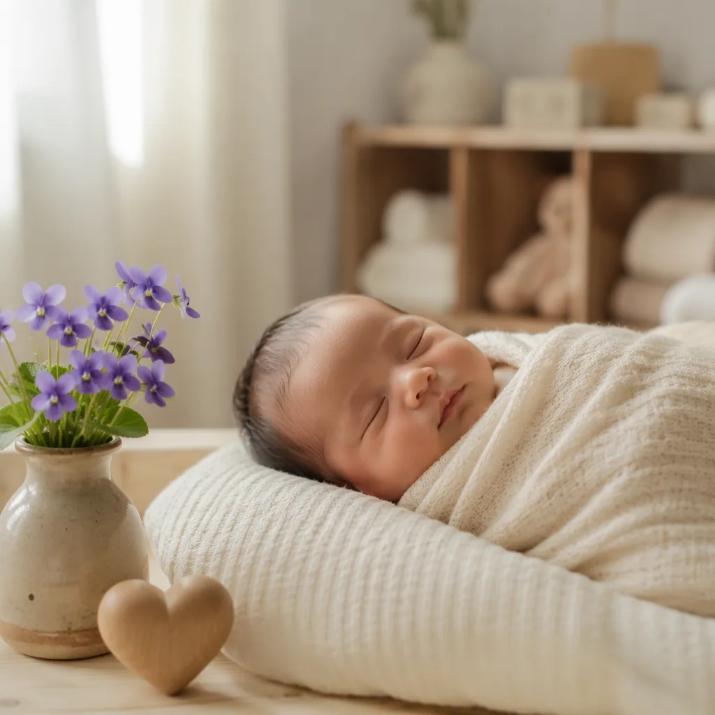 Sleeping newborn in a soft nursery with violet flowers and a heart keepsake.