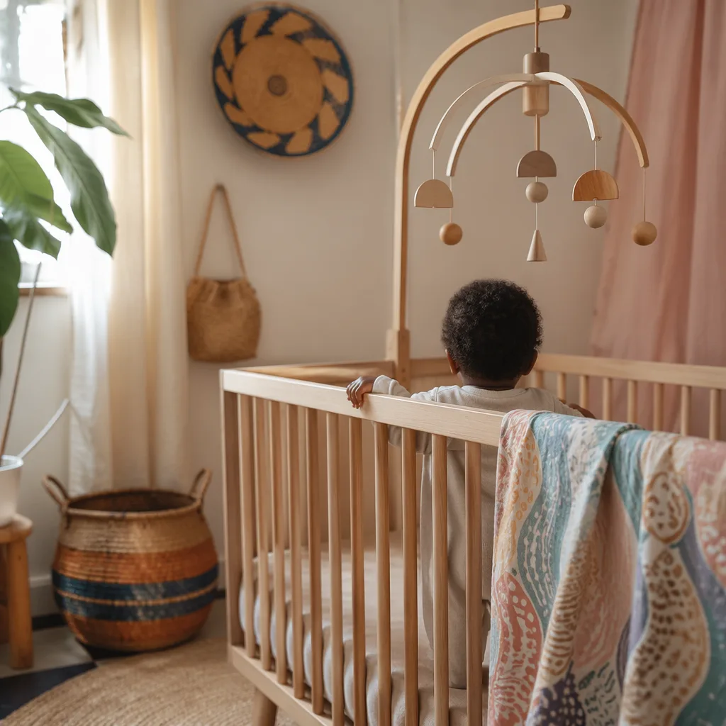 Soft Swahili-inspired nursery with a curved wooden mobile and cozy pastel baby decor.
