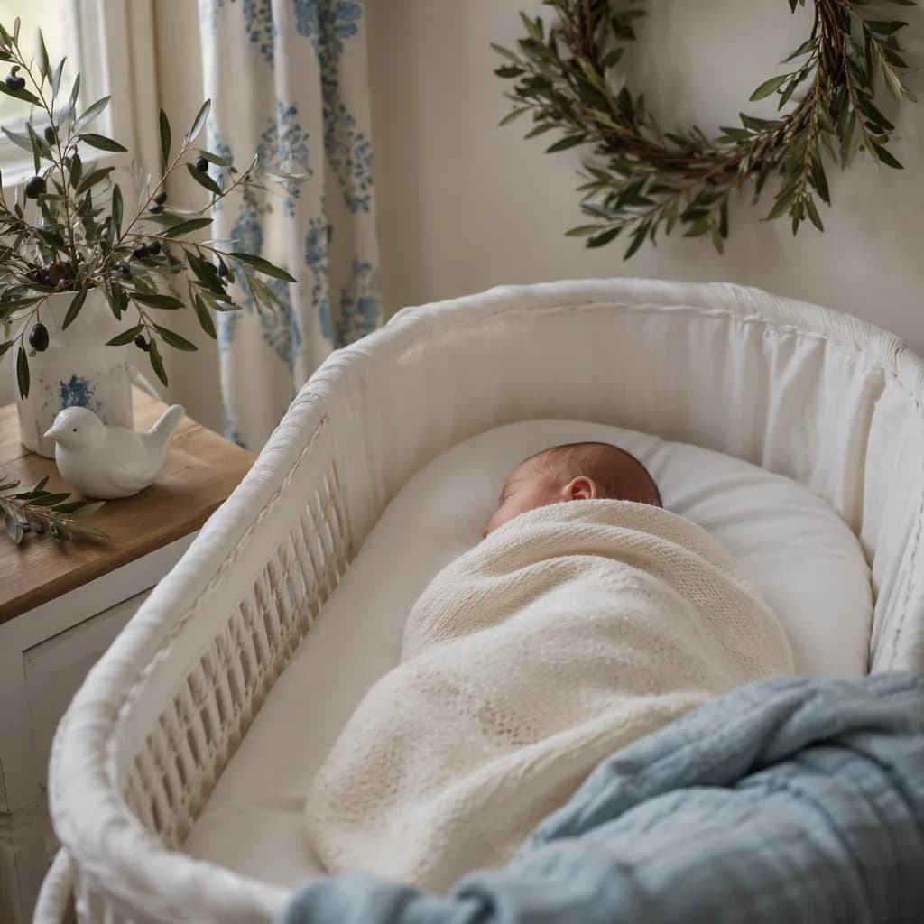Peaceful Greek-inspired nursery with a sleeping baby and olive branch details.