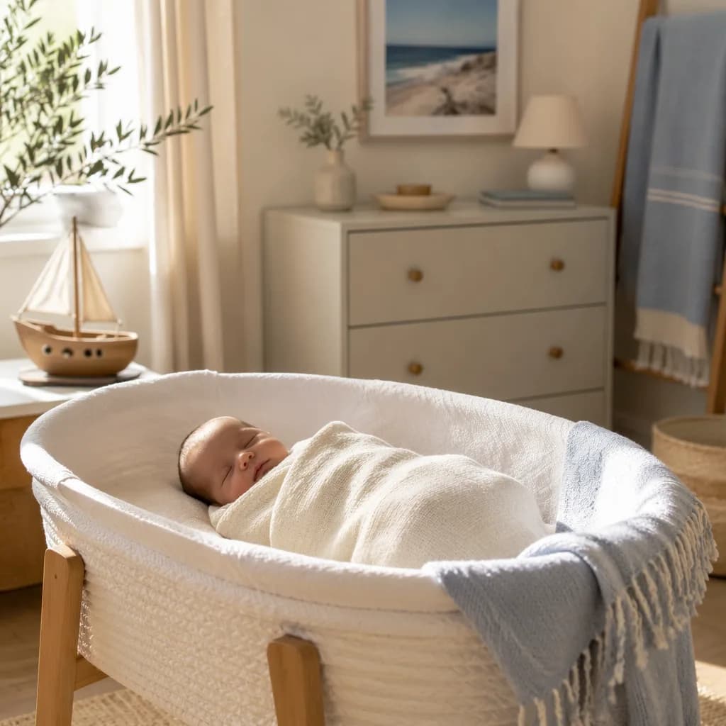 A softly lit Greek-inspired nursery with a swaddled newborn, olive branch, and wooden toy boat.