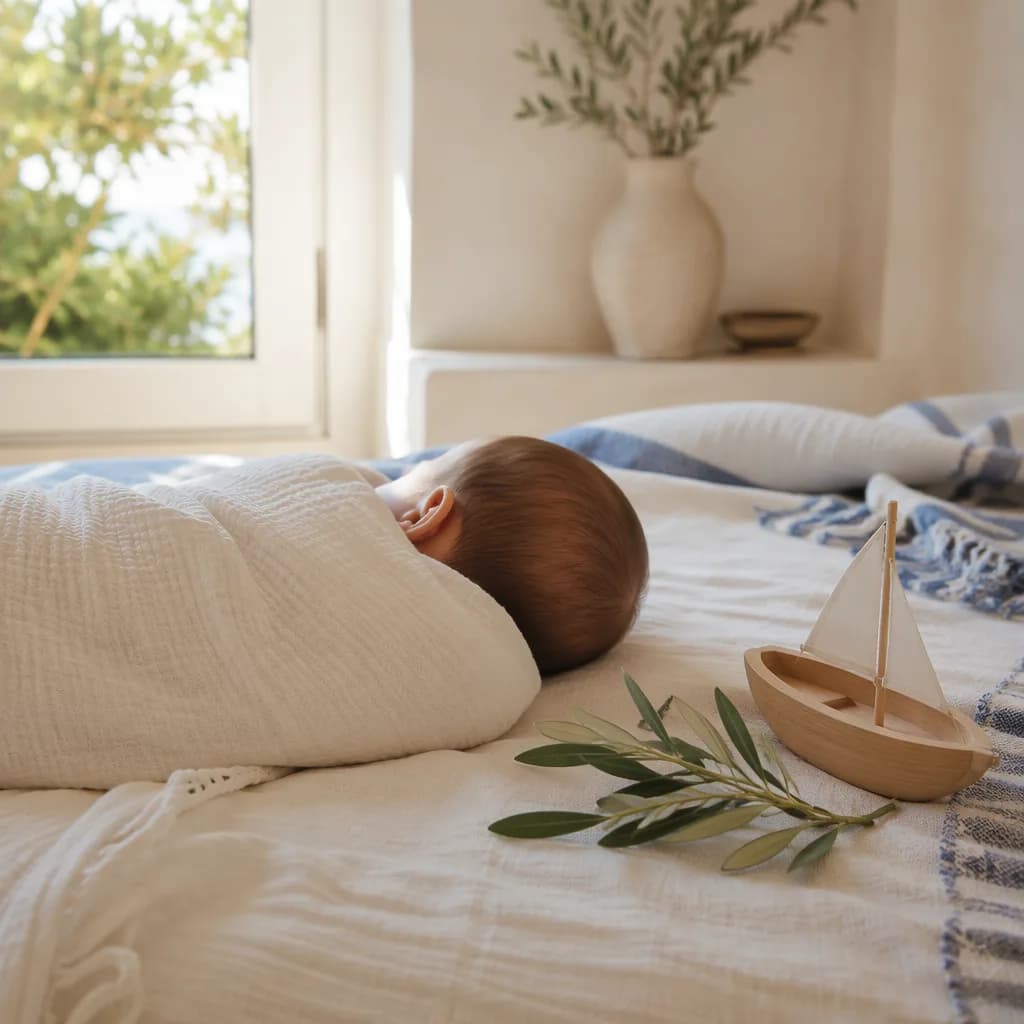 Sleeping Greek baby in a soft nursery with olive branch and wooden sailboat.
