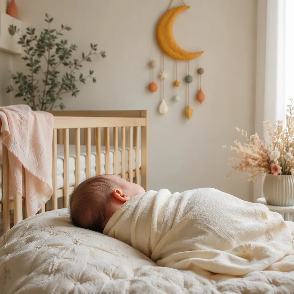 Soft nursery scene with a swaddled baby and crescent moon mobile in warm pastel light