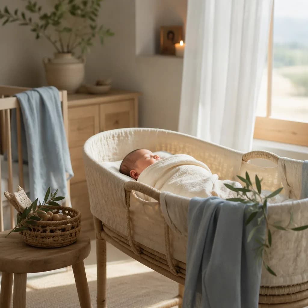 Sleeping baby in a soft Greek-inspired pastel nursery with olive branch accents.