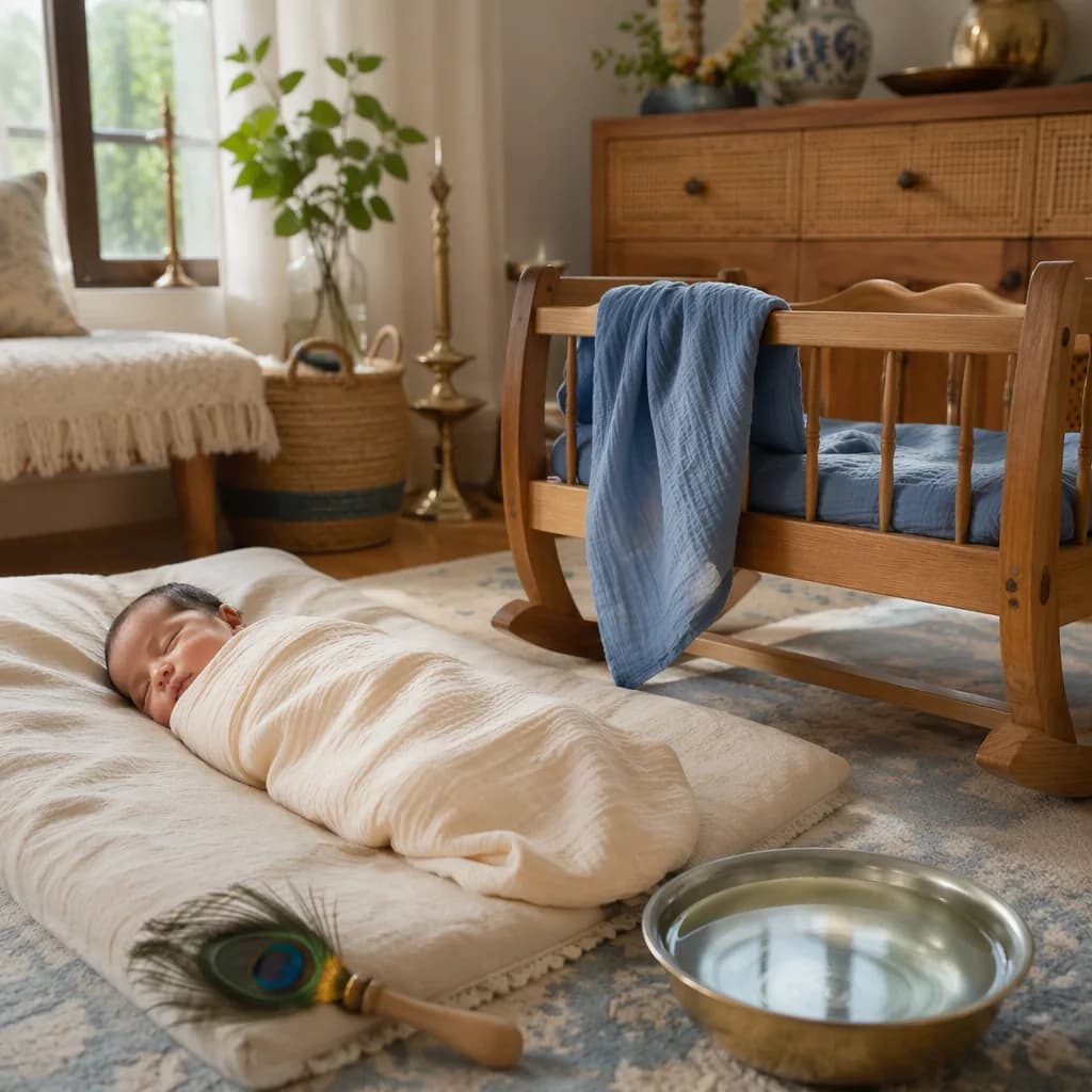 A peaceful swaddled baby in a soft Indian-inspired nursery with gentle blue and peacock-feather accents.