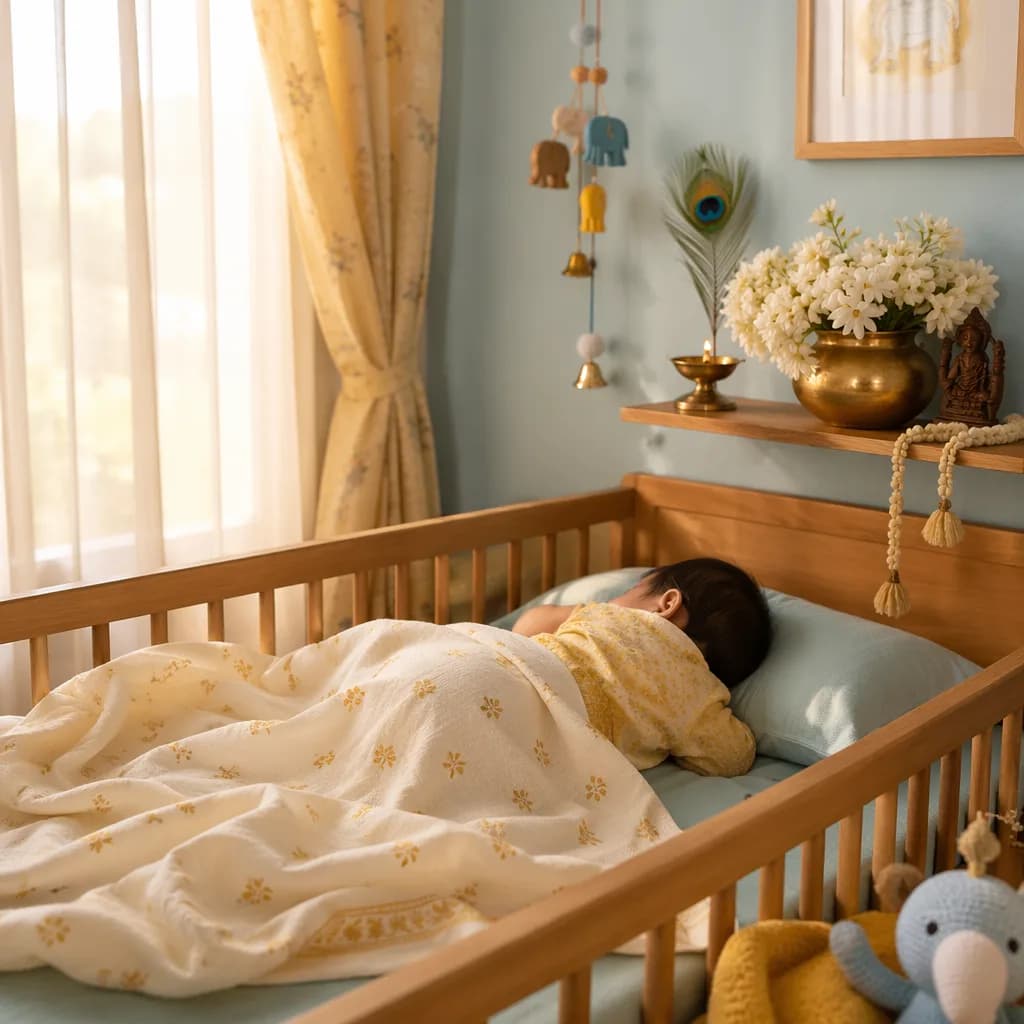 Peaceful Indian baby in a cozy nursery at dawn with soft symbolic decor.