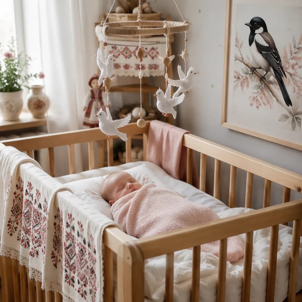 Sleeping swaddled newborn in a soft pastel Russian-inspired nursery with gentle natural light.