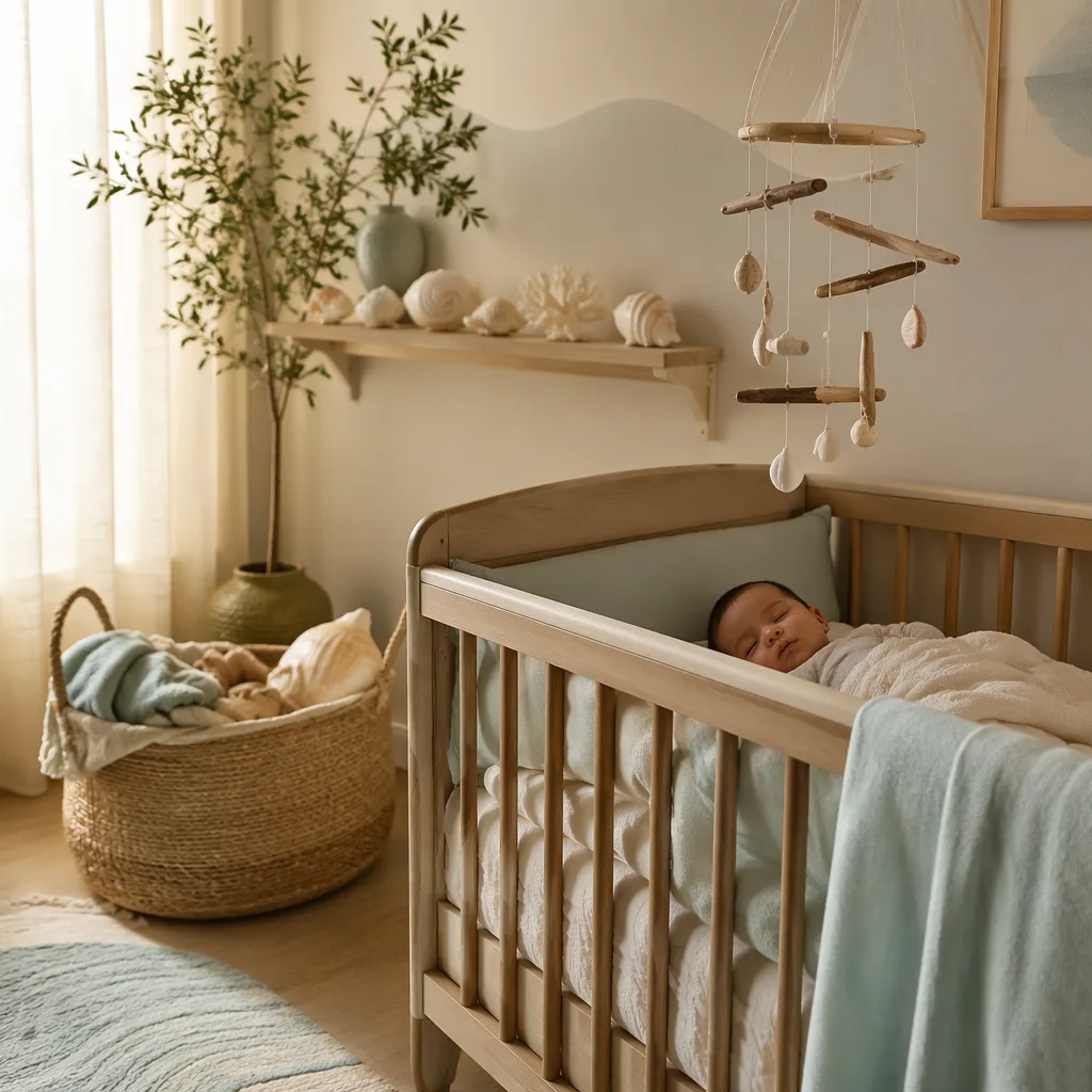 A soft pastel nursery with beach-inspired decor and a peacefully sleeping baby.