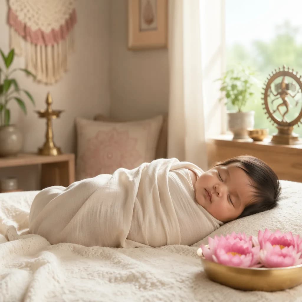 Sleeping swaddled baby in a soft pastel nursery with lotus flowers and warm morning light.