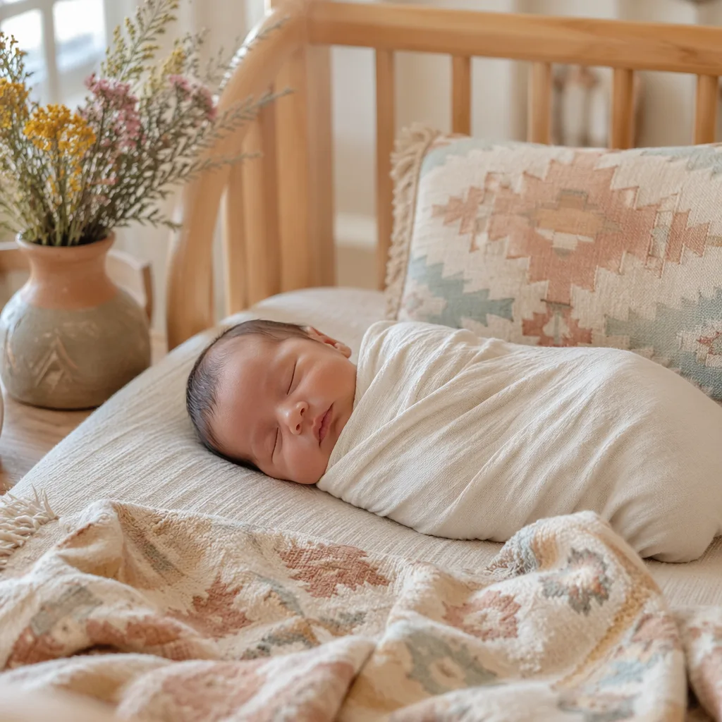 Sleeping swaddled baby in a softly lit nursery with pastel desert wildflowers and cozy woven accents.