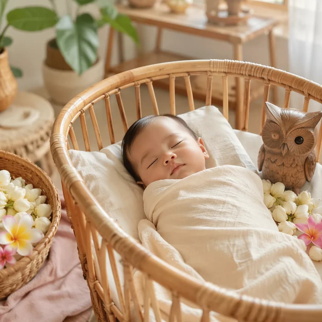 Soft Indonesian nursery scene with a sleeping baby, flowers, and wooden wisdom-themed accents.