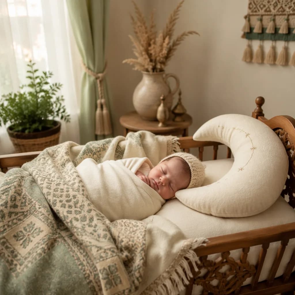 A peaceful Turkish-inspired nursery with a swaddled baby, crescent moon pillow, and soft pastel textiles.