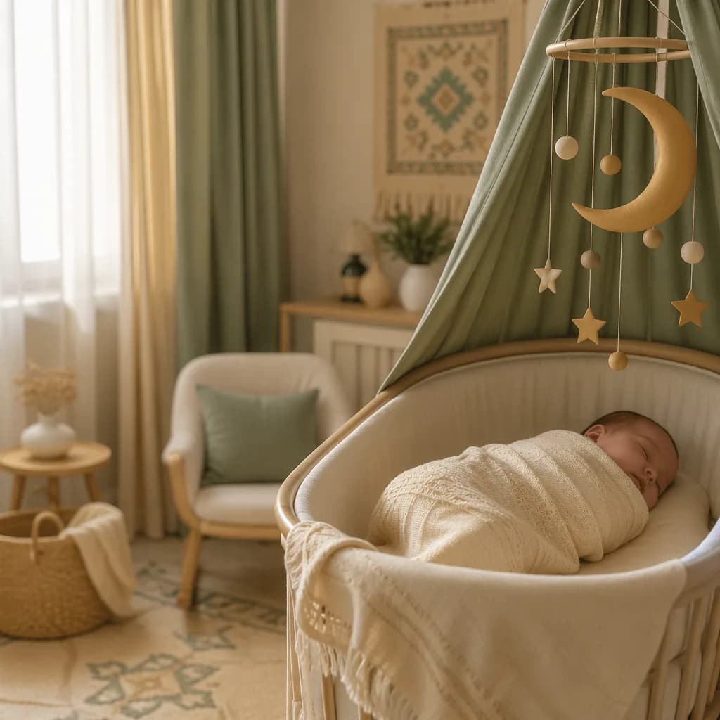 Soft Turkish-inspired nursery with a sleeping swaddled baby and crescent moon mobile.