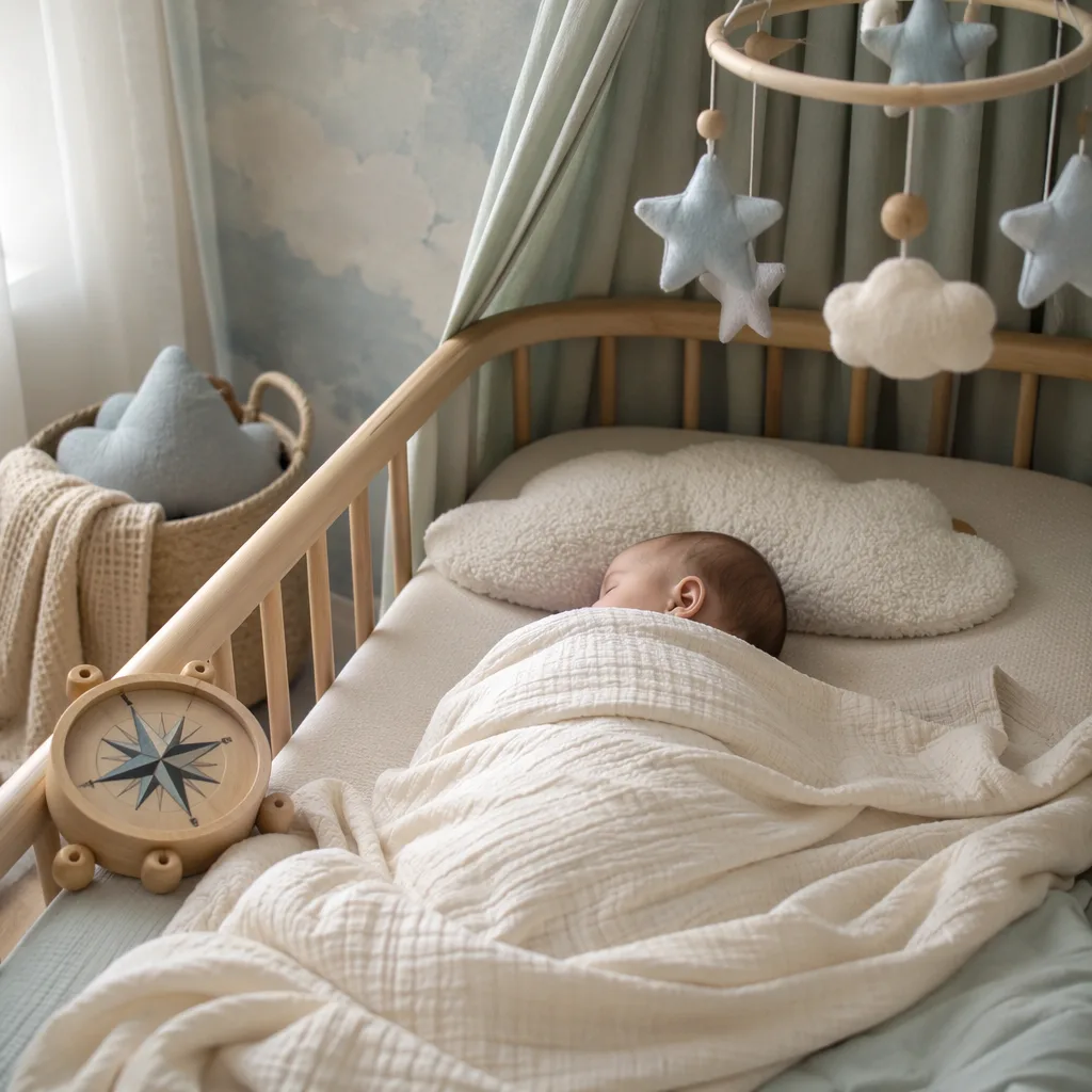 Sleeping baby in a soft pastel nursery with north-inspired stars and gentle natural light.