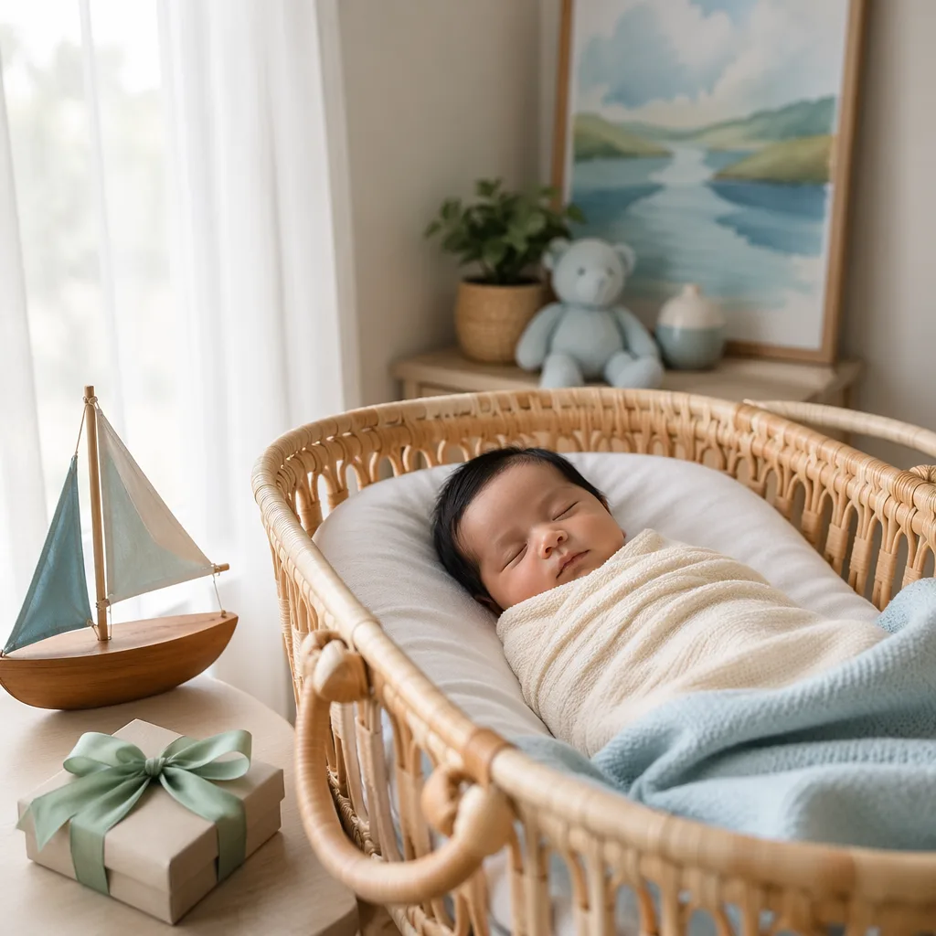 Filipino baby sleeping in a cozy pastel nursery with soft ocean and gift-themed details.