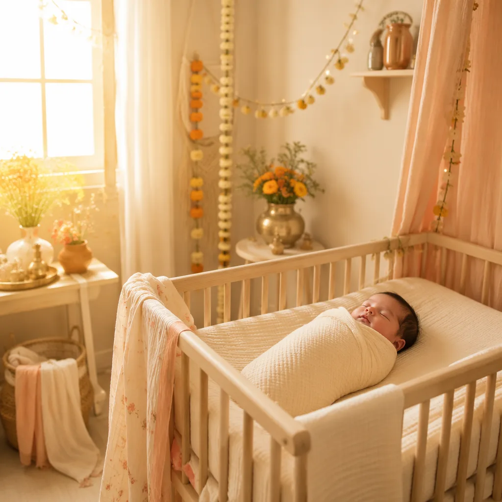 A peacefully sleeping baby in a warm pastel Indian-inspired nursery with soft natural light.