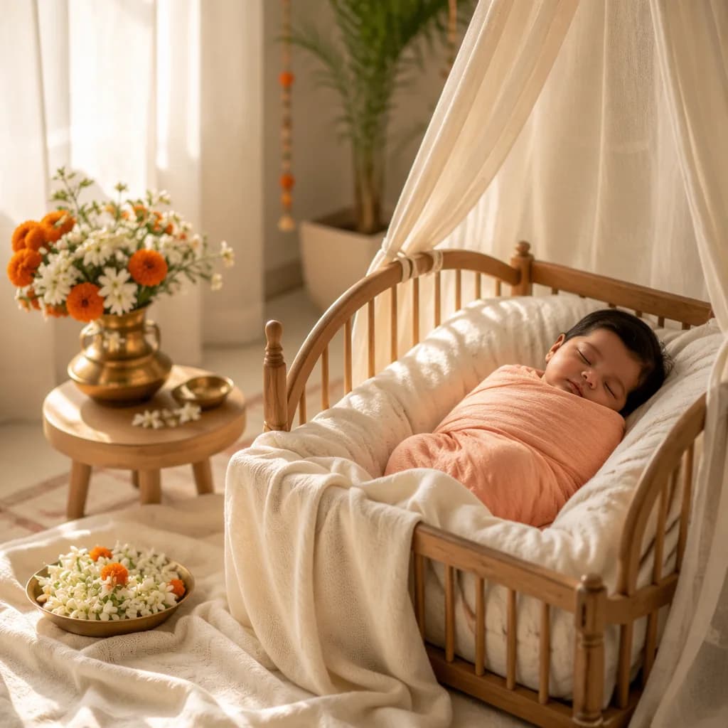 A peacefully sleeping baby in a pastel Indian-inspired nursery with soft sunlight and flowers.
