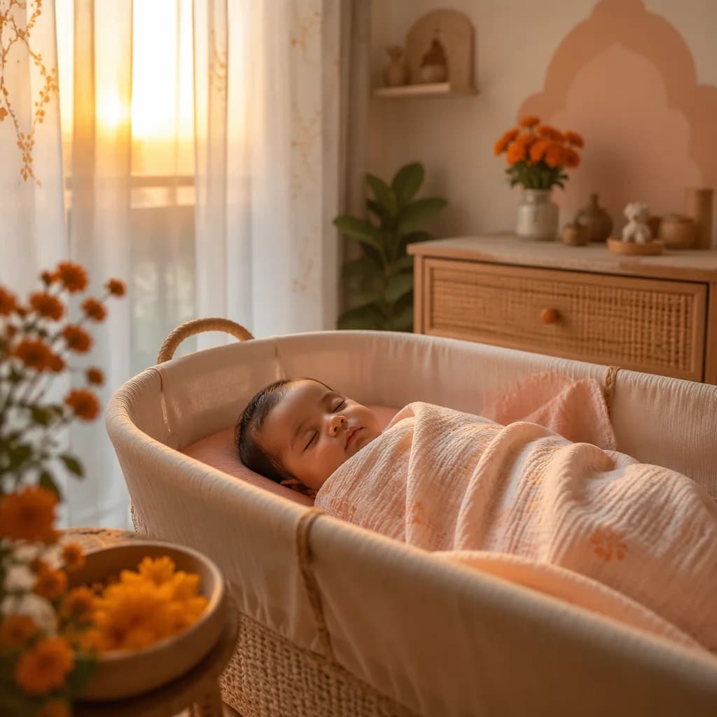 A peaceful baby sleeping in a sunlit pastel nursery with gentle Indian-inspired decor.