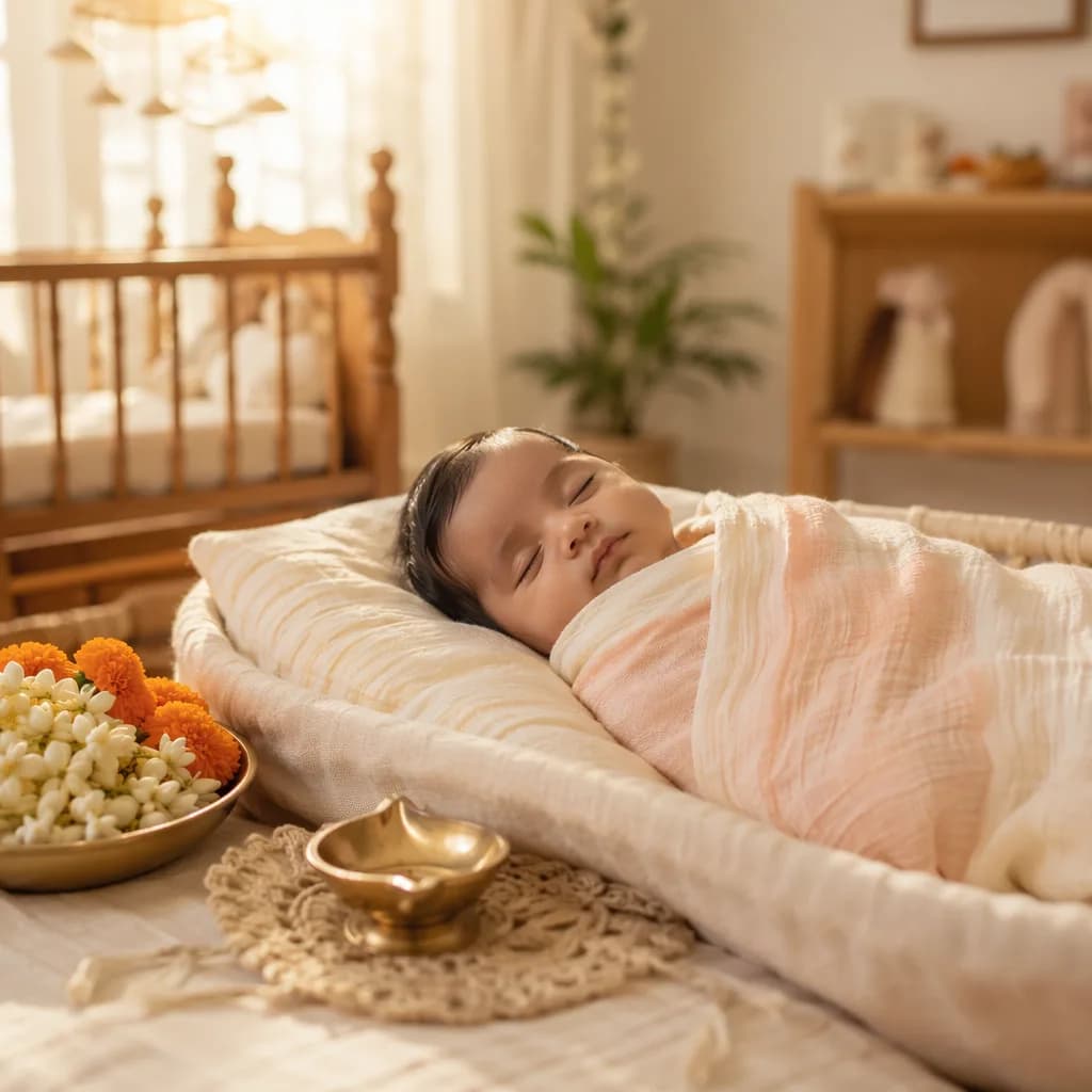 Sleeping baby in a soft pastel Hindi-inspired nursery with warm golden light and floral decor.