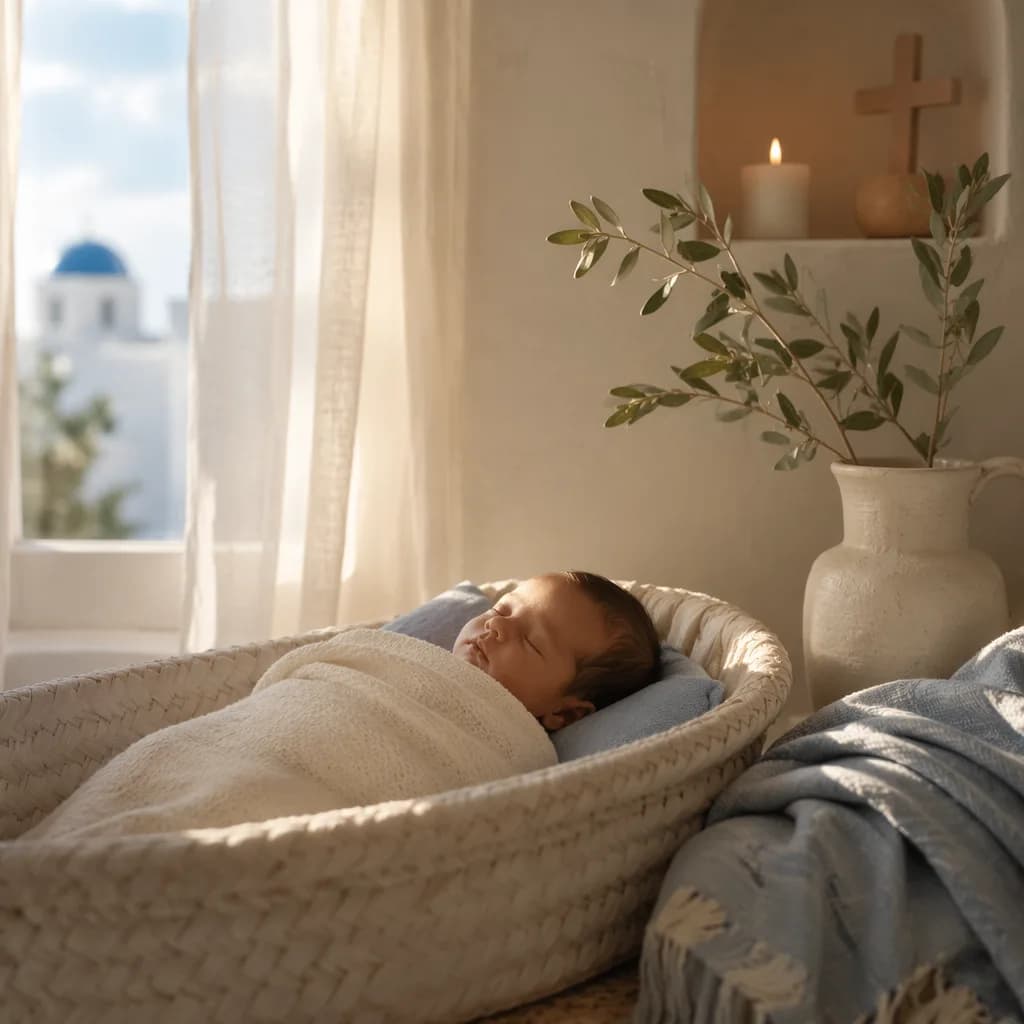 A softly lit nursery with a swaddled sleeping baby and subtle Greek-inspired olive branch decor.