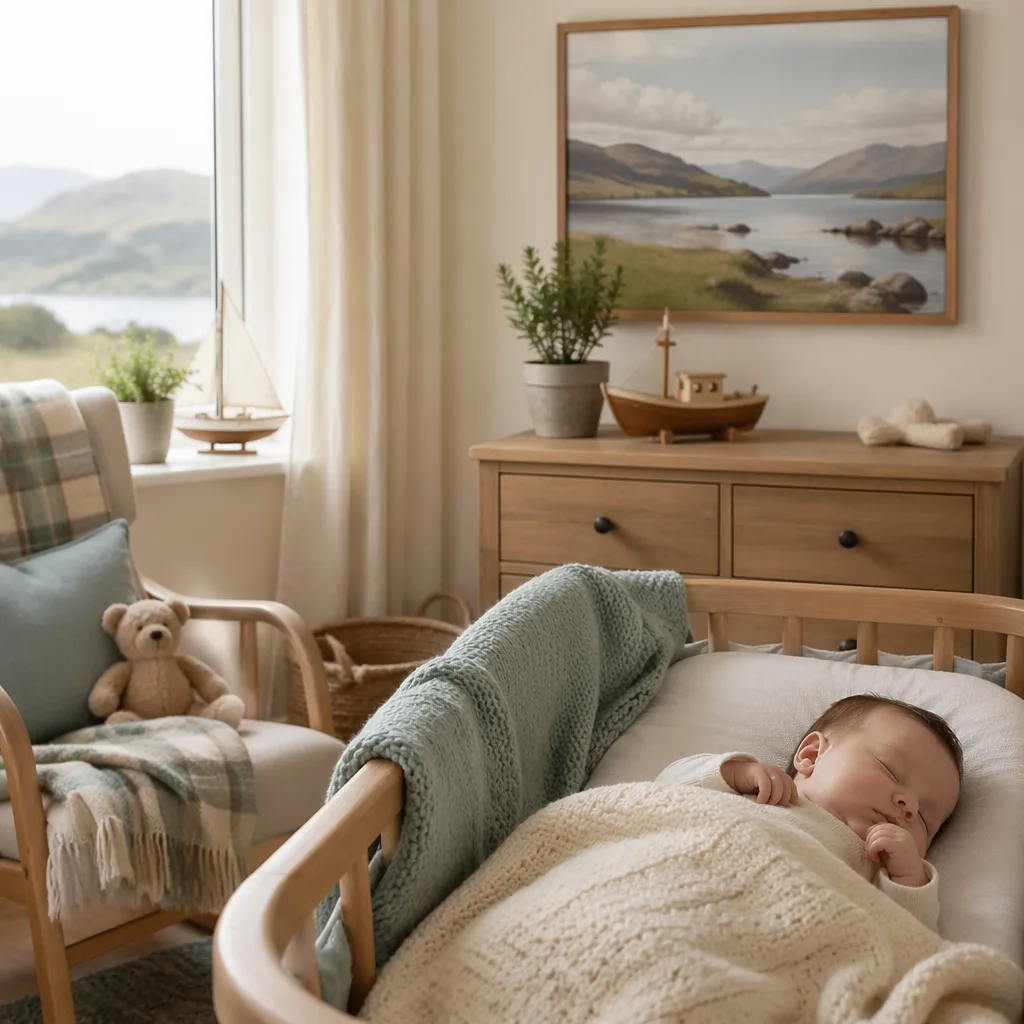 A cozy pastel nursery with a sleeping swaddled baby, wooden accents, a toy boat, and soft loch-inspired decor.