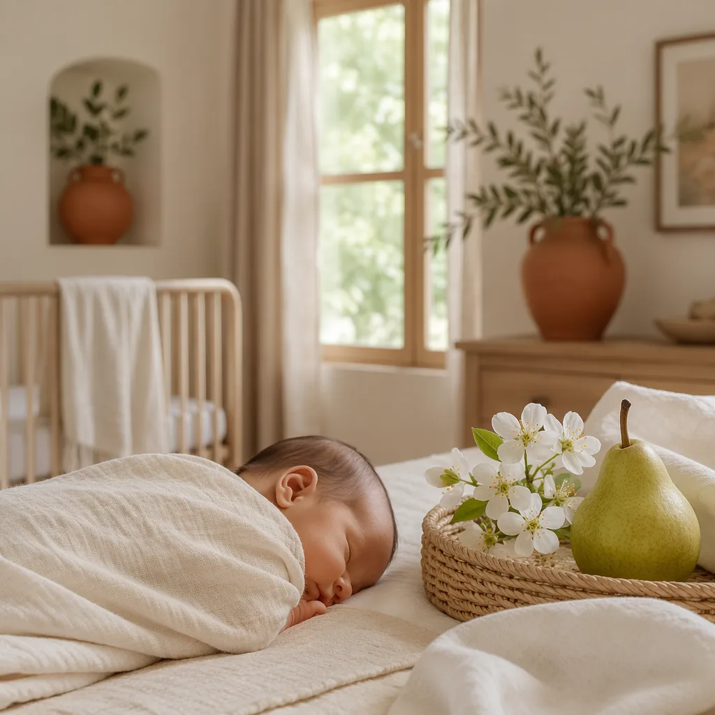 Sleeping newborn in a soft Spanish-inspired nursery with pear blossoms and warm natural light.