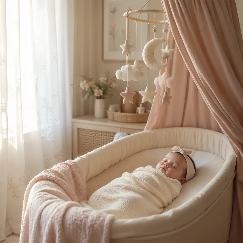 A peaceful pastel nursery with a swaddled sleeping baby under a moon and star mobile.