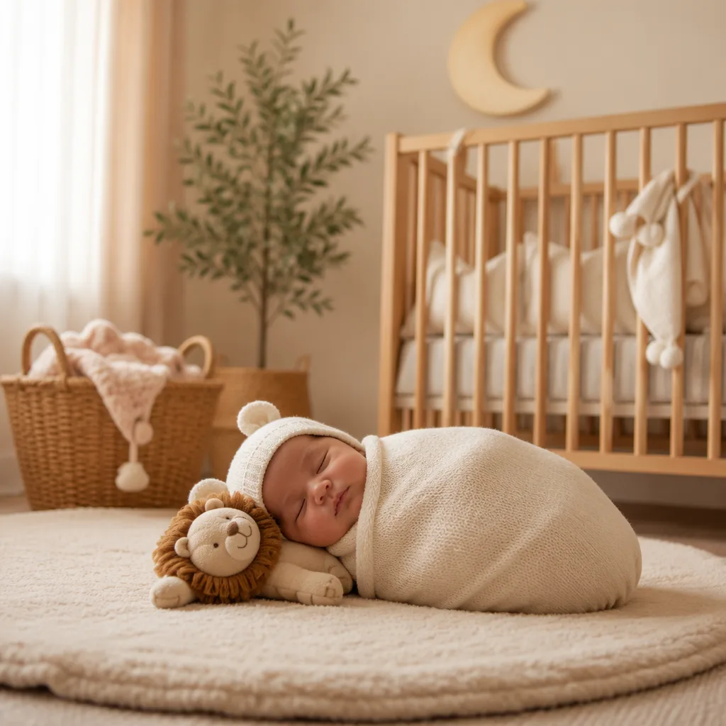 Sleeping baby in a soft Arabic-inspired nursery with a plush lion and crescent decor.