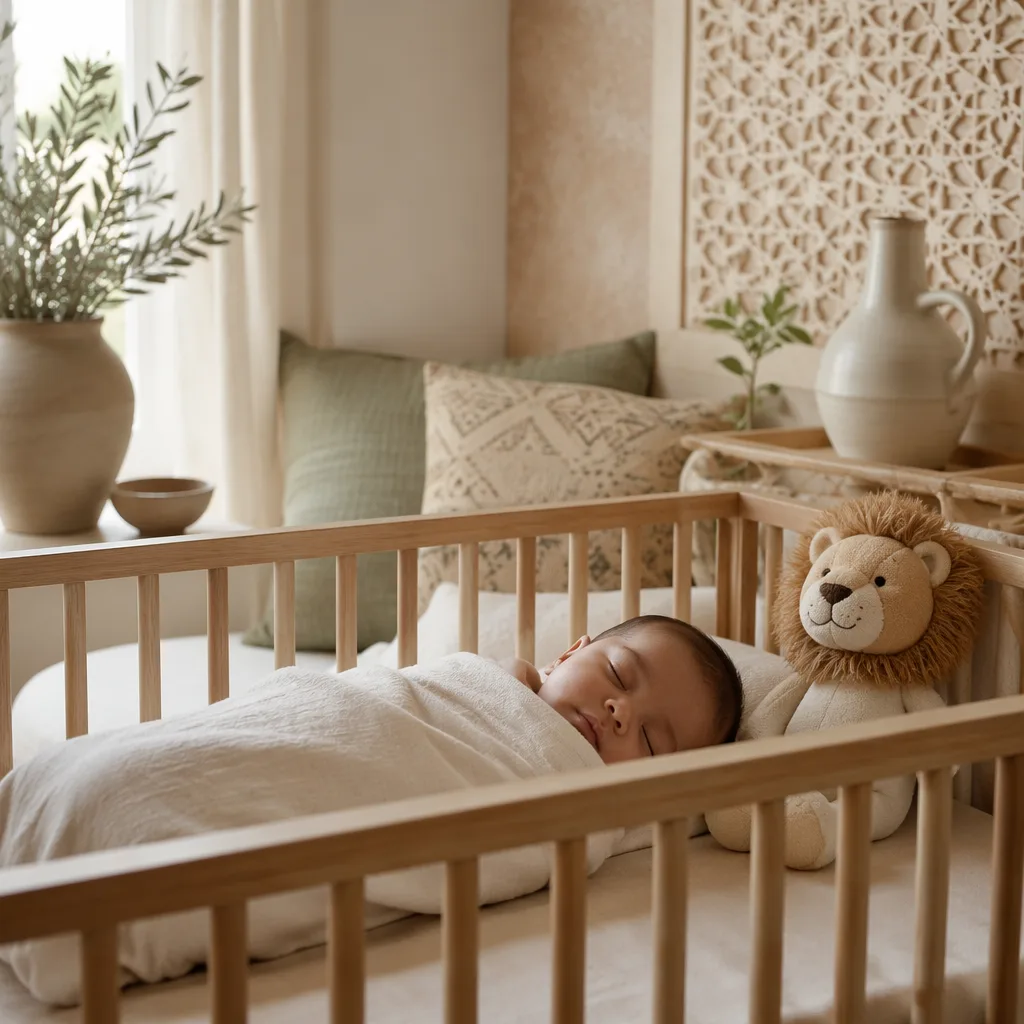 Sleeping baby in a soft pastel nursery with a lion plush, greenery, and gentle Arabic-inspired decor.